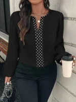 Elorivane Plus Size Leopard Print Contrast Collar V-Neck Shirt Loose Long Puff Sleeve for Winter Casual Commute Formal Evening Wear - Image 7