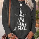 Elorivane Women's Halloween Funny Long Sleeve Tee, Witch Broomstick Quote Crew Neck Fall Top, Nightmare Before Christmas