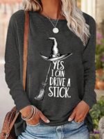 Elorivane Women's Halloween Funny Long Sleeve Tee, Witch Broomstick Quote Crew Neck Fall Top, Nightmare Before Christmas