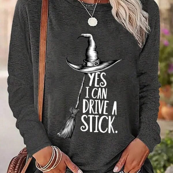 Elorivane Women's Halloween Funny Long Sleeve Tee, Witch Broomstick Quote Crew Neck Fall Top, Nightmare Before Christmas