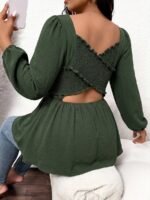 Elorivane Plus Size Sage Green Ditsy Floral Blouse, Criss-Cross Back Long Sleeve Top, Fall Winter Daily Going Out Wear - Image 8