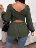 Elorivane Plus Size Sage Green Ditsy Floral Blouse, Criss-Cross Back Long Sleeve Top, Fall Winter Daily Going Out Wear - Image 7
