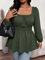 Elorivane Plus Size Sage Green Ditsy Floral Blouse, Criss-Cross Back Long Sleeve Top, Fall Winter Daily Going Out Wear - Image 11