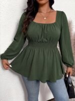 Elorivane Plus Size Sage Green Ditsy Floral Blouse, Criss-Cross Back Long Sleeve Top, Fall Winter Daily Going Out Wear - Image 12