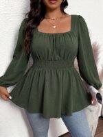 Elorivane Plus Size Sage Green Ditsy Floral Blouse, Criss-Cross Back Long Sleeve Top, Fall Winter Daily Going Out Wear - Image 9