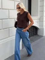 Elorivane French Vintage Brown Knit Vest | Retro Textured Plaid Round Neck Sleeveless Sweater Top - Image 3