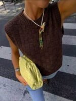 Elorivane French Vintage Brown Knit Vest | Retro Textured Plaid Round Neck Sleeveless Sweater Top - Image 2