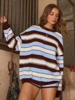 Elorivane Women Striped Knit Sweater, Crew Neck Long Sleeve Oversized Western Cowgirl Fall Winter Festival Top - Image 7