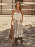 Elorivane Women Dark Blue Denim A Line Midi Skirt, High Waist Scalloped Button Front Western Cowgirl Fall Winter Country Skirt - Image 31