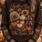 Elorivane Plus Size "Just A Girl Who Loves Fall" Graphic Sweatshirt Pumpkin Football Sunflower Print for Halloween Thanksgiving Game Day Outfits