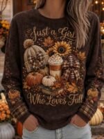 Elorivane Plus Size "Just A Girl Who Loves Fall" Graphic Sweatshirt Pumpkin Football Sunflower Print for Halloween Thanksgiving Game Day Outfits