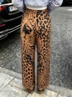 Elorivane Women Black Leopard Face Print Wide Leg Sweatpants, Elastic Drawstring Loose Pocket Street Casual Long Pants - Image 2