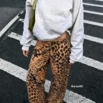Elorivane Women Black Leopard Face Print Wide Leg Sweatpants, Elastic Drawstring Loose Pocket Street Casual Long Pants