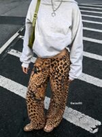 Elorivane Women Black Leopard Face Print Wide Leg Sweatpants, Elastic Drawstring Loose Pocket Street Casual Long Pants