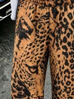 Elorivane Women Black Leopard Face Print Wide Leg Sweatpants, Elastic Drawstring Loose Pocket Street Casual Long Pants - Image 5