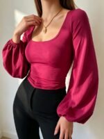 Elorivane Plus Size Square Neck Top, Lantern Sleeve Fitted Long Sleeve Tee, Fall Casual Wear - Image 20