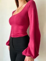 Elorivane Plus Size Square Neck Top, Lantern Sleeve Fitted Long Sleeve Tee, Fall Casual Wear - Image 18