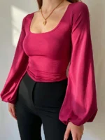 Elorivane Plus Size Square Neck Top, Lantern Sleeve Fitted Long Sleeve Tee, Fall Casual Wear - Image 16