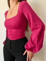 Elorivane Plus Size Square Neck Top, Lantern Sleeve Fitted Long Sleeve Tee, Fall Casual Wear - Image 19