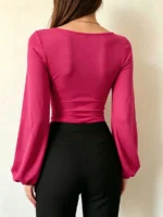 Elorivane Plus Size Square Neck Top, Lantern Sleeve Fitted Long Sleeve Tee, Fall Casual Wear - Image 17
