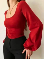 Elorivane Plus Size Square Neck Top, Lantern Sleeve Fitted Long Sleeve Tee, Fall Casual Wear - Image 12