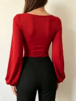 Elorivane Plus Size Square Neck Top, Lantern Sleeve Fitted Long Sleeve Tee, Fall Casual Wear - Image 11