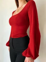 Elorivane Plus Size Square Neck Top, Lantern Sleeve Fitted Long Sleeve Tee, Fall Casual Wear - Image 14