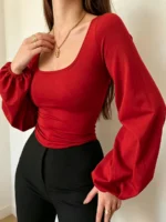 Elorivane Plus Size Square Neck Top, Lantern Sleeve Fitted Long Sleeve Tee, Fall Casual Wear - Image 13