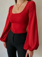 Elorivane Plus Size Square Neck Top, Lantern Sleeve Fitted Long Sleeve Tee, Fall Casual Wear - Image 10