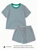 Elorivane Women's Striped Contrast 2-Piece Co-Ord, Short Sleeve Tee & Shorts, Elegant Casual Summer Vacation Set - Image 3