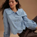 Elorivane Women Striped Button Up Top, Ruffle Collar Long Puff Sleeve Scalloped Western Cowgirl Fall Winter Rodeo Shirt
