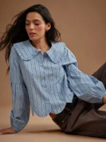 Elorivane Women Striped Button Up Top, Ruffle Collar Long Puff Sleeve Scalloped Western Cowgirl Fall Winter Rodeo Shirt