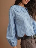 Elorivane Women Striped Button Up Top, Ruffle Collar Long Puff Sleeve Scalloped Western Cowgirl Fall Winter Rodeo Shirt - Image 4