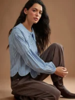 Elorivane Women Striped Button Up Top, Ruffle Collar Long Puff Sleeve Scalloped Western Cowgirl Fall Winter Rodeo Shirt - Image 5