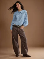 Elorivane Women Striped Button Up Top, Ruffle Collar Long Puff Sleeve Scalloped Western Cowgirl Fall Winter Rodeo Shirt - Image 6