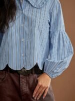 Elorivane Women Striped Button Up Top, Ruffle Collar Long Puff Sleeve Scalloped Western Cowgirl Fall Winter Rodeo Shirt - Image 2