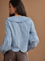 Elorivane Women Striped Button Up Top, Ruffle Collar Long Puff Sleeve Scalloped Western Cowgirl Fall Winter Rodeo Shirt - Image 3