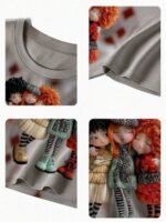 Elorivane Women's Black Cartoon Doll Print Tee, Pastel Beige & Red, Casual Round Neck Short Sleeve Spring Summer Top - Image 5