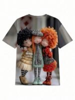 Elorivane Women's Black Cartoon Doll Print Tee, Pastel Beige & Red, Casual Round Neck Short Sleeve Spring Summer Top - Image 4