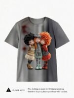 Elorivane Women's Black Cartoon Doll Print Tee, Pastel Beige & Red, Casual Round Neck Short Sleeve Spring Summer Top - Image 3