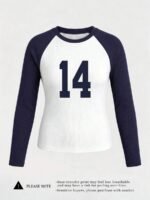 Elorivane Women's Number Graphic Fitted Long Sleeve Top, Raglan Sleeve Casual Spring - Image 3