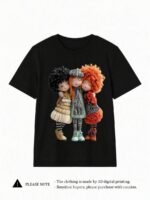 Elorivane Women's Black Cartoon Doll Print Tee, Pastel Beige & Red, Casual Round Neck Short Sleeve Spring Summer Top - Image 13