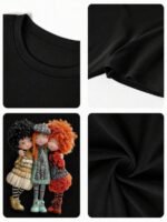 Elorivane Women's Black Cartoon Doll Print Tee, Pastel Beige & Red, Casual Round Neck Short Sleeve Spring Summer Top - Image 15