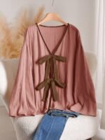 Elorivane Plus Size Front Knot Shirt, Drop Shoulder Long Sleeve Loose Casual Fall Top - Image 13