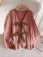 Elorivane Plus Size Front Knot Shirt, Drop Shoulder Long Sleeve Loose Casual Fall Top - Image 17