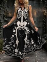 Elorivane Plus Size Black White Colorblock Sleeveless Dress Skeleton Floral Spider Web Print Notched Neck Loose Gothic Casual Dress for Halloween - Image 4