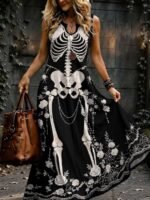 Elorivane Plus Size Black White Colorblock Sleeveless Dress Skeleton Floral Spider Web Print Notched Neck Loose Gothic Casual Dress for Halloween - Image 7
