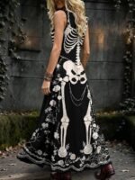 Elorivane Plus Size Black White Colorblock Sleeveless Dress Skeleton Floral Spider Web Print Notched Neck Loose Gothic Casual Dress for Halloween - Image 5
