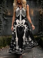 Elorivane Plus Size Black White Colorblock Sleeveless Dress Skeleton Floral Spider Web Print Notched Neck Loose Gothic Casual Dress for Halloween - Image 6