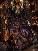 Elorivane Plus Size Women Halloween Moon Skull Pumpkin V-Neck Maxi Dress, Fall Festive Long Sleeve Dress - Image 3